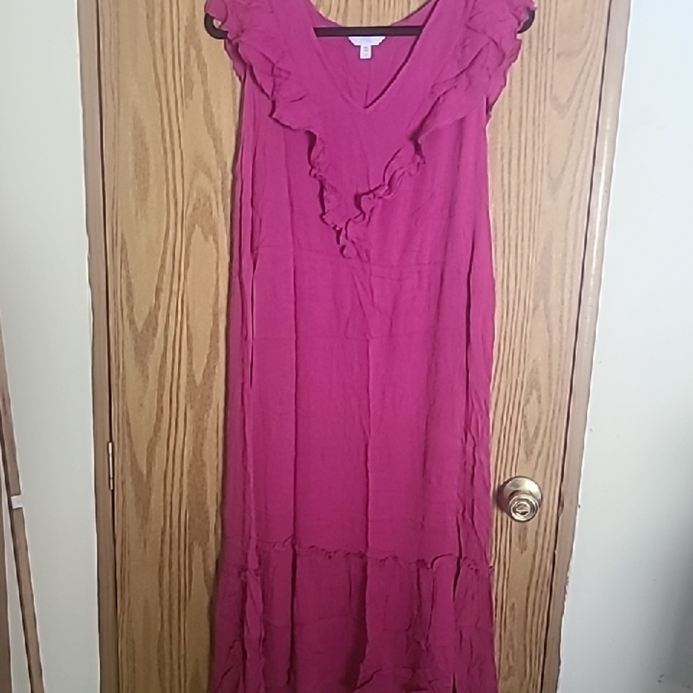 Time and Tru Fuchsia Ruffle V-Neck Maxi Dress